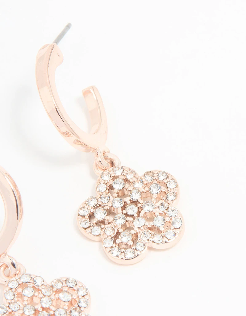 Rose Gold Diamante Flower Drop Earrings