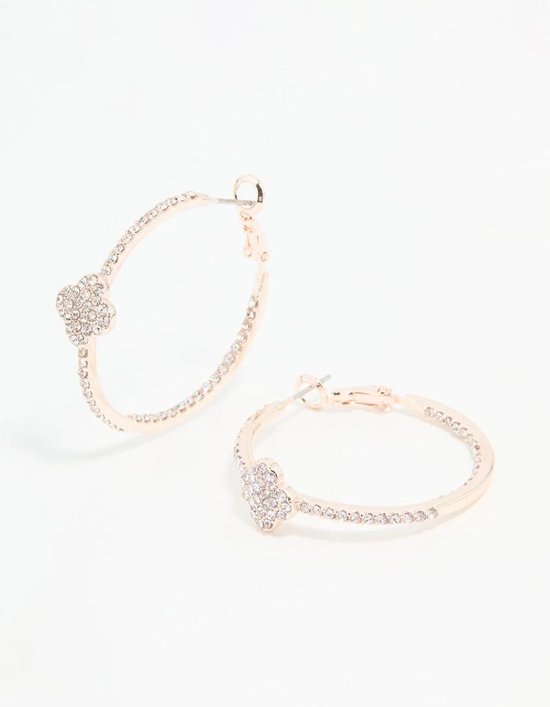 Rose Gold Diamante Pave Flower Hoop Earrings