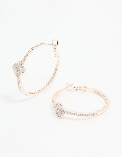 Rose Gold Diamante Pave Flower Hoop Earrings