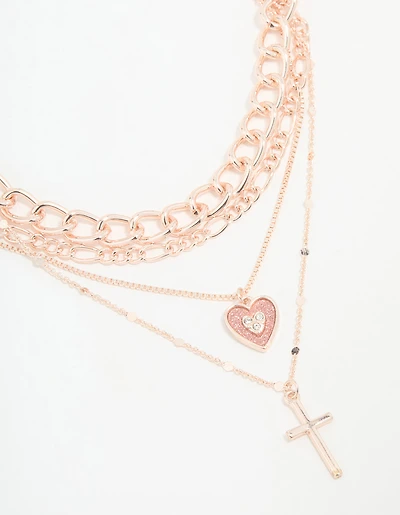Rose Gold Cross & Butterfly Layered Necklace