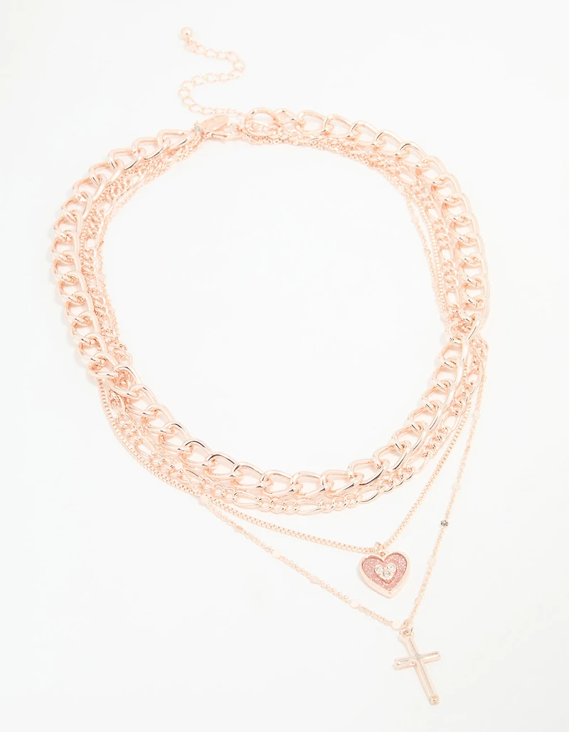Rose Gold Cross & Butterfly Layered Necklace