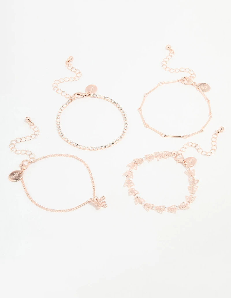 Rose Gold Butterfly & Chain Bracelets 4-Pack