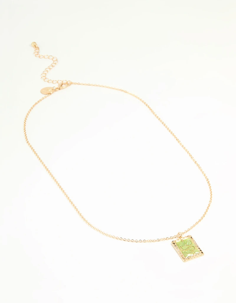 Gold Green Snake Square Pendant Necklace