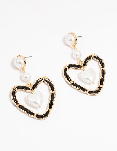 Gold Pearl Black Heart Drop Earrings