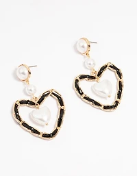 Gold Pearl Black Heart Drop Earrings