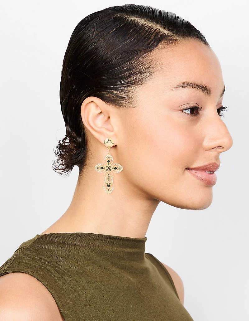 Gold Black Diamante Cross Drop Earrings