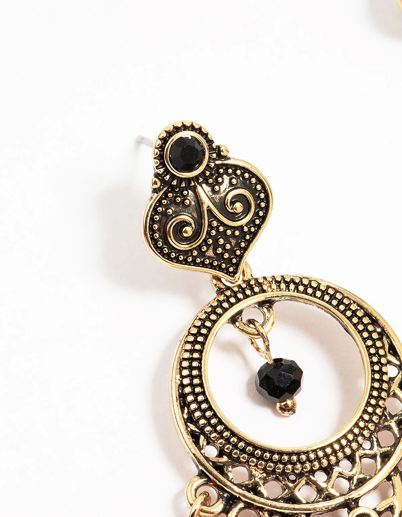 Antique Gold Black Patterned Dreamcatcher Tassel Drop Earrings