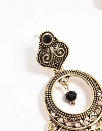 Antique Gold Black Patterned Dreamcatcher Tassel Drop Earrings
