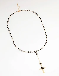 Gold & Black Beaded Cross Pendant Long Y-Necklace