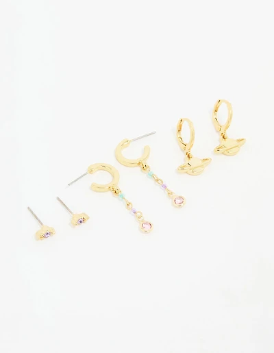 Gold Plated Cubic Zirconia Outer Space Earrings 3-Pack