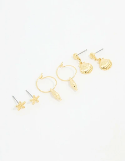 Gold Plated Seashell Earrings 3-Pack