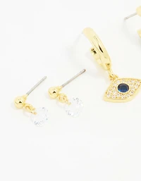 Gold Plated Cubic Zirconia Evil Eye Earrings 3-Pack