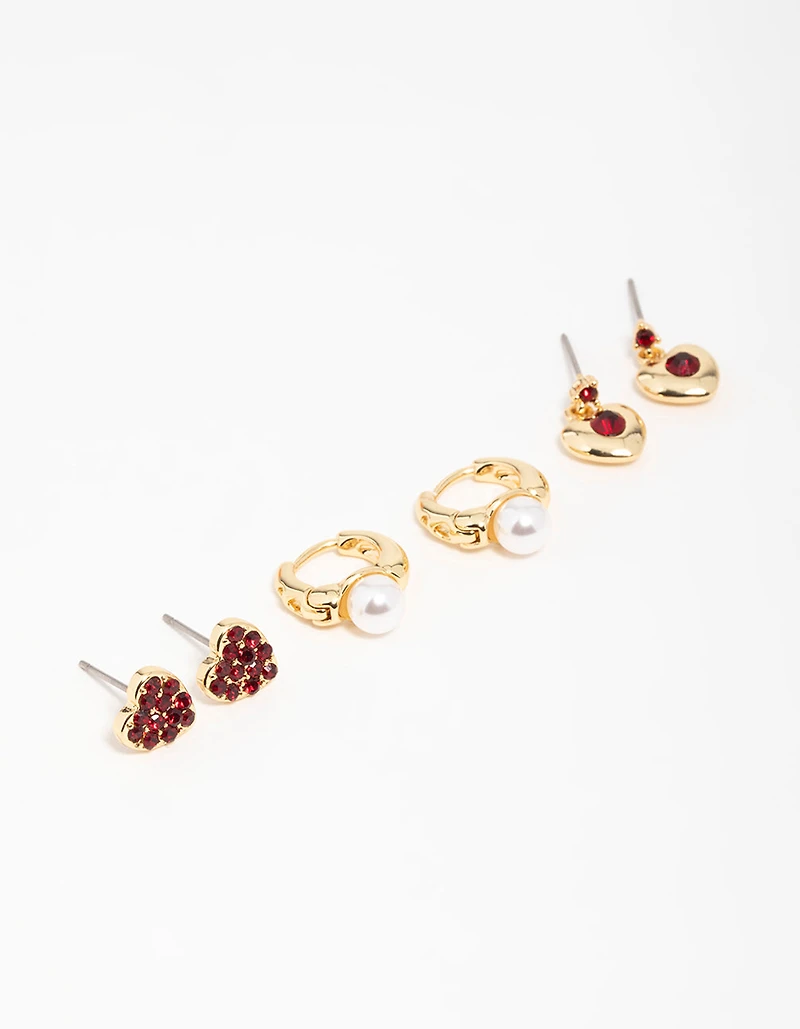 Gold Plated Chunky Heart Stud Earrings 3-Pack