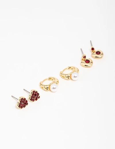 Gold Plated  Chunky Heart Stud Earrings 3-Pack
