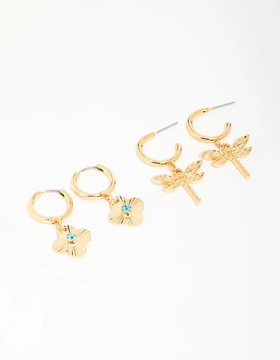 Gold Plated Dragonfly & Flower Drop Earrings 2-Pack