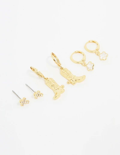 Gold Plated Cubic Zirconia Boot Earrings 3-Pack