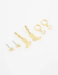 Gold Plated Cubic Zirconia Boot Earrings 3-Pack