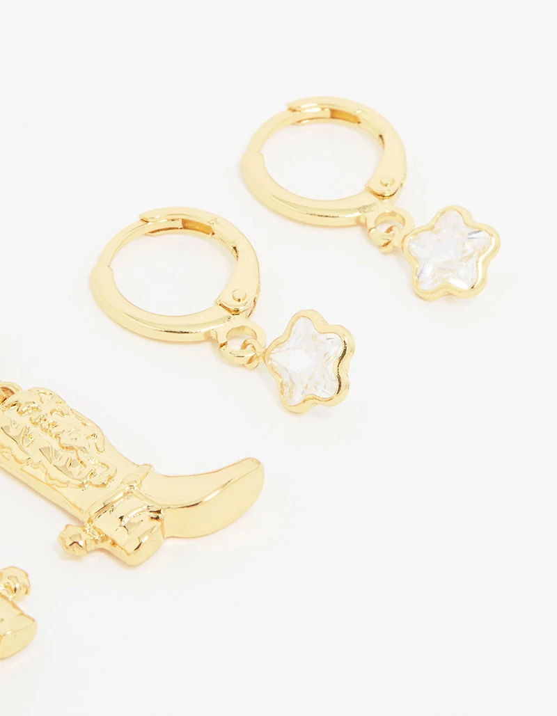 Gold Plated Cubic Zirconia Boot Earrings 3-Pack