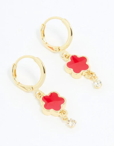 Gold Plated Red Cubic Zirconia Floral Droplet Earrings