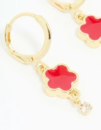 Gold Plated Red Cubic Zirconia Floral Droplet Earrings