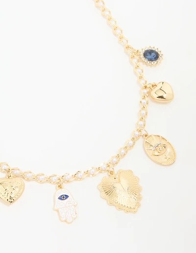 Gold Plated Evil Eye & Heart Charm Necklace