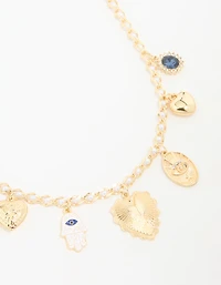 Gold Plated Evil Eye & Heart Charm Necklace