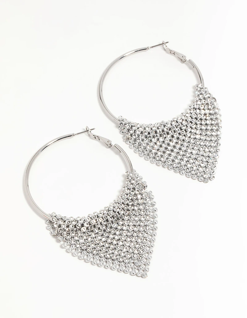 Silver Diamante Drop Hoop Earrings