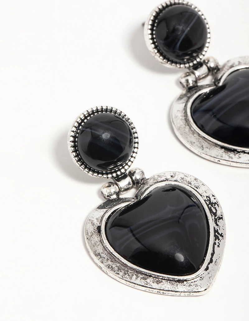 Silver Black Enamel Heart Drop Earrings