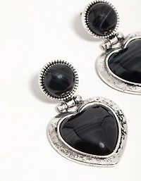 Silver Black Enamel Heart Drop Earrings