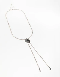 Silver Textured Black Stone Rhombus Y-Necklace