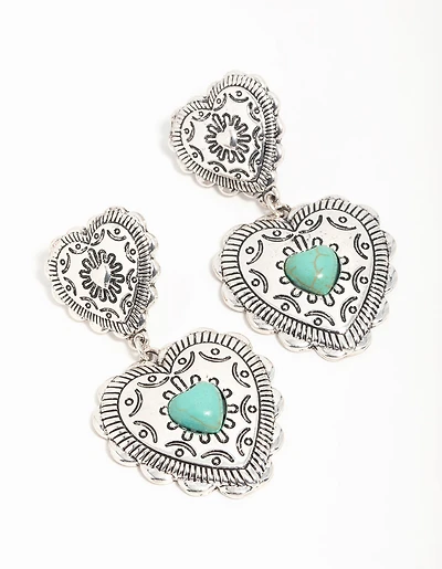 Antique Silver Turquoise Double Heart Drop Earrings