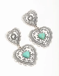 Antique Silver Turquoise Double Heart Drop Earrings