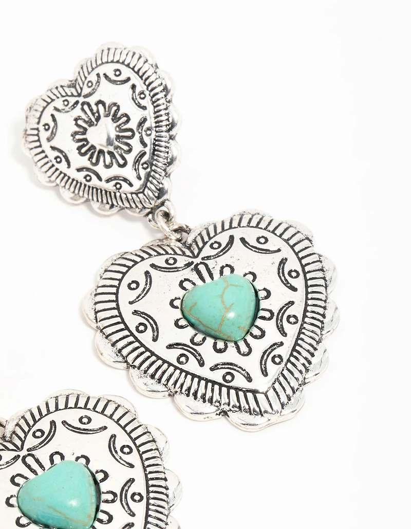 Antique Silver Turquoise Double Heart Drop Earrings