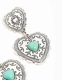 Antique Silver Turquoise Double Heart Drop Earrings