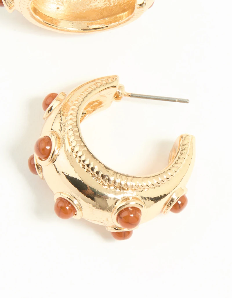 Gold Red Dot Hoop Earrings