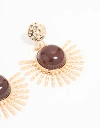 Gold & Brown Stone Circular Fan Drop Earrings