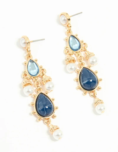 Gold Pearl Blue Diamante Teardrop Drop Earrings