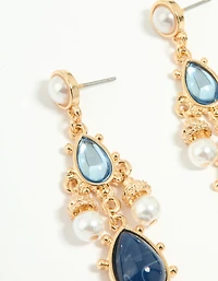 Gold Pearl Blue Diamante Teardrop Drop Earrings