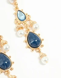 Gold Pearl Blue Diamante Teardrop Drop Earrings