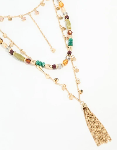 Gold Beaded Tassel Layered Necklace