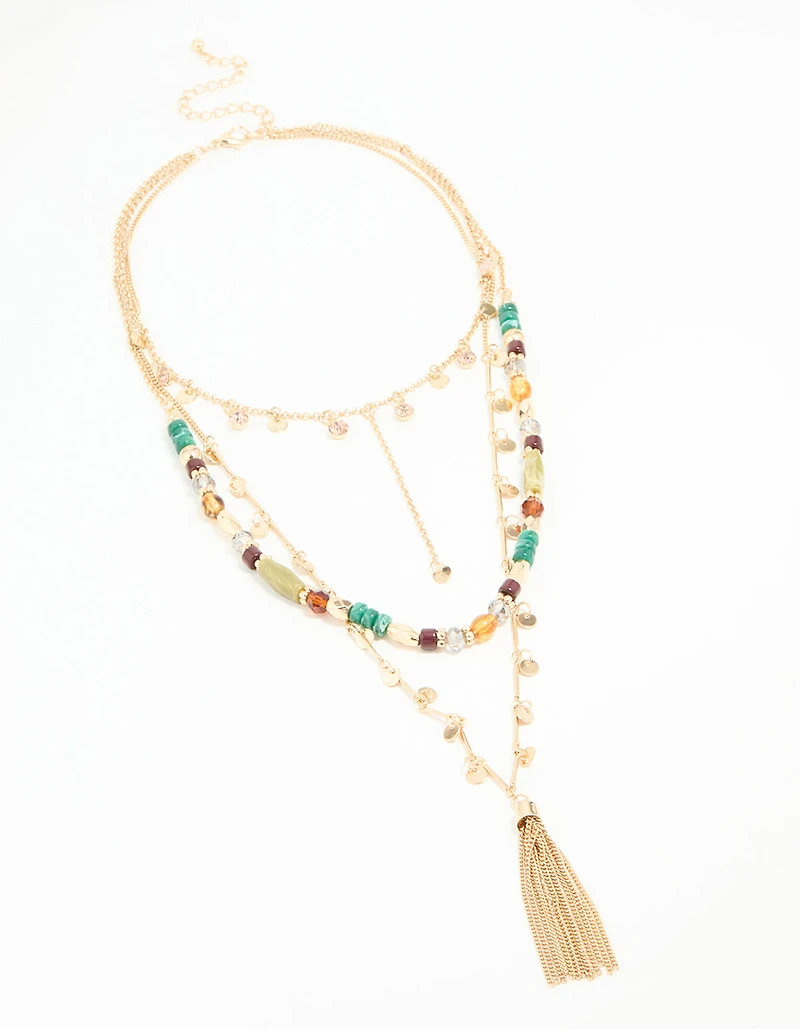 Gold Beaded Tassel Layered Necklace