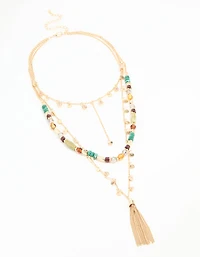 Gold Beaded Tassel Layered Necklace