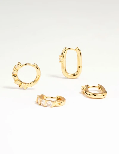 Gold Plated Brass Cubic Zirconia & Oval Huggie Earrings 2-Pack