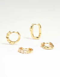 Gold Plated Brass Cubic Zirconia & Oval Huggie Earrings 2-Pack
