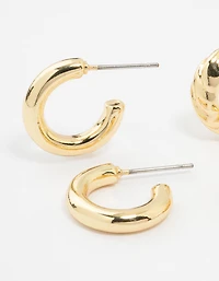Gold Plated Plain & Textured Hoop Earrings 2-Pack