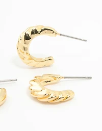 Gold Plated Plain & Textured Hoop Earrings 2-Pack