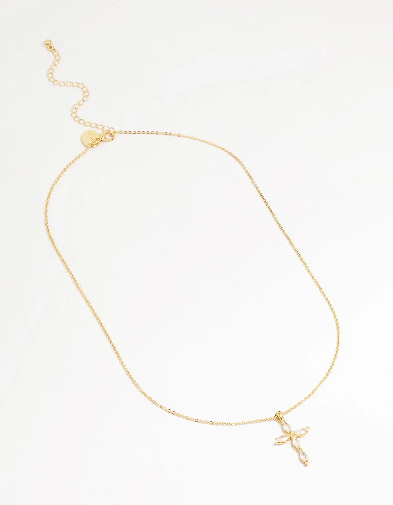 Gold Plated Brass Cubic Zirconia Marquise Cross Pendant Necklace