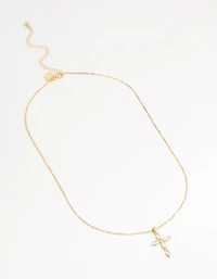 Gold Plated Brass Cubic Zirconia Marquise Cross Pendant Necklace