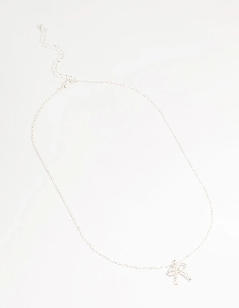 Silver Plated Brass Cubic Zirconia Pavé Bow Pendant Necklace