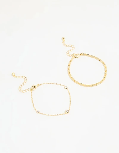 Gold Plated Cubic Zirconia & Chain Bracelets 2-Pack